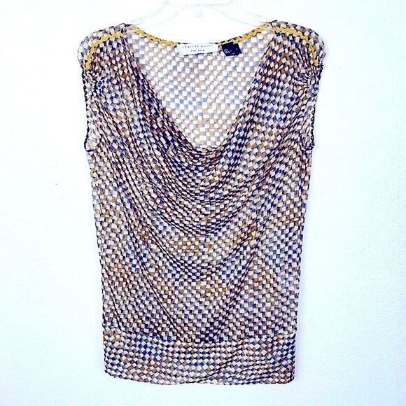 Charles Nolan Silk Checkered Sheer Blouse Draped Neck Small Mustard Blue White - Picture 1 of 8